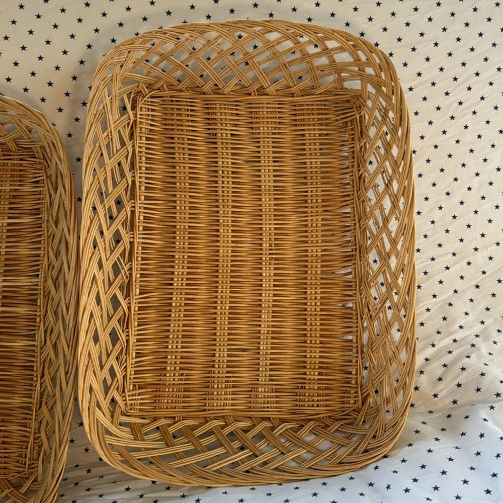 Vintage Wicker Set of 2 Woven Rectangular Baskets / Bread / Fruit Tray Light Tan